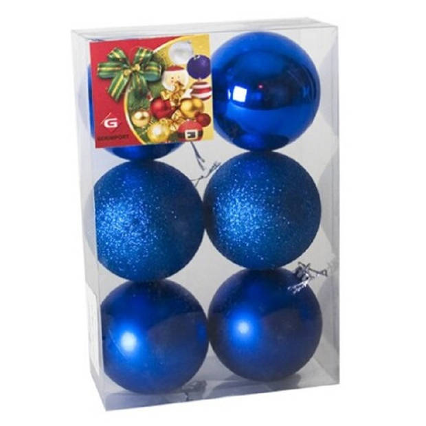 Gerimport Kerstballen - 6 stuks - blauw - kunststof - D8 cm - Kerstbal