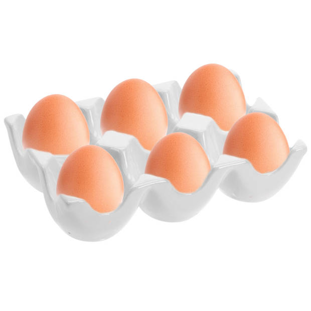Eiertray/houder voor 6 eieren - wit - porselein - 15 x 10 x 36 cm - Eierdopjes