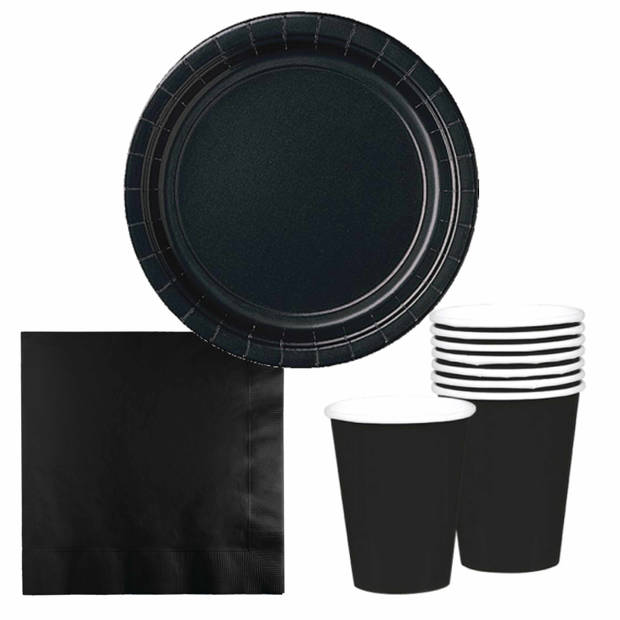 Tafel dekken feestartikelen kleur zwart 16x bordjes/16x drink bekers/20x servetten - Feestpakketten