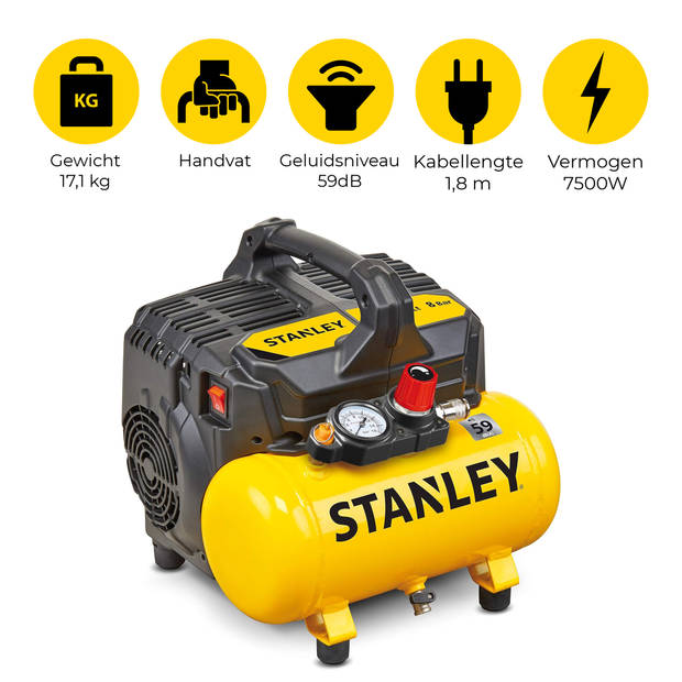 Stanley Compressor DN200/8/6 - Luchtcompressor 8Bar - Luchtpomp met Tankcapaciteit 6L - Zuigcompressor Olievrij