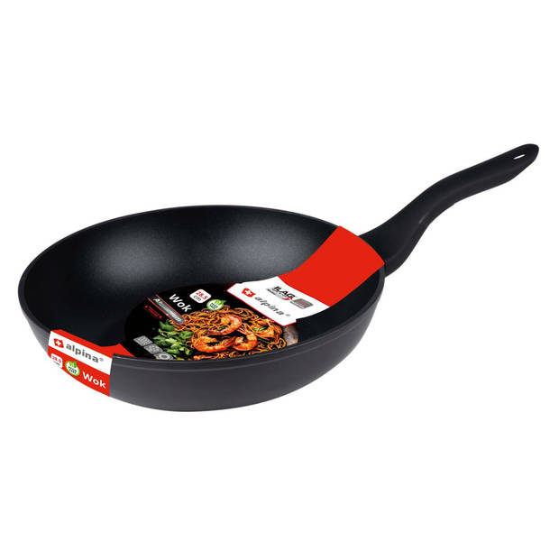 Alpina Wok/hapjes/bak pan - Professional - met anti aanbak laag - metaal - zwart - Dia 28 x H7 cm - Koekenpannen