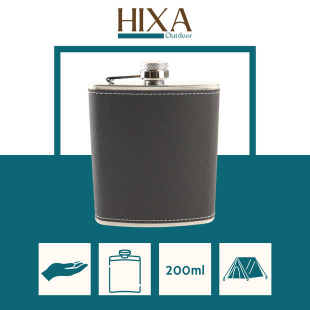 HIXA Heupfles - Flacon - Veldfles - RVS - Drinkfles - Platvink - 200ml - Leder - Zwart