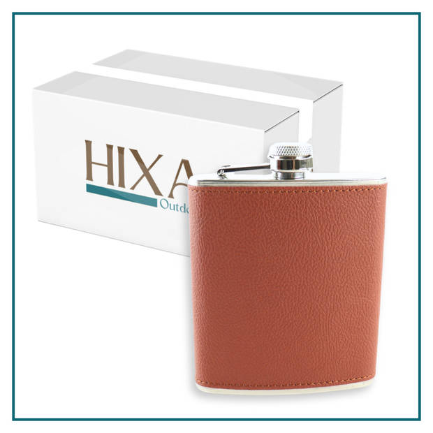 HIXA Heupfles - Flacon - Veldfles - RVS - Drinkfles - Platvink - 200ml - Leder - Bruin