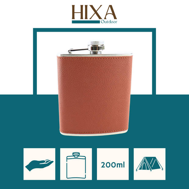 HIXA Heupfles - Flacon - Veldfles - RVS - Drinkfles - Platvink - 200ml - Leder - Bruin