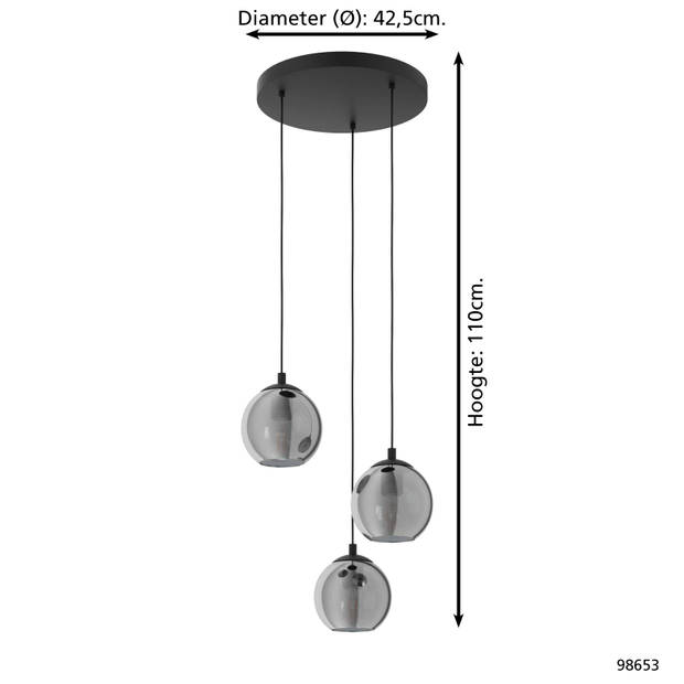 EGLO Ariscani Hanglamp - Ø 42,5 cm - rookglas - 3 lichts - Zwart