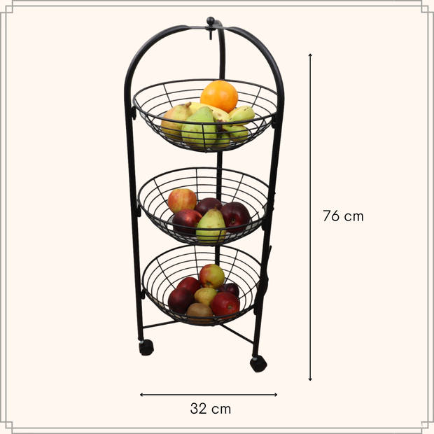 OTIX Fruitmand - Voorraadrek - Fruitrek - Groentenrek - Fruitschaal - 3 laags - Op wieltjes