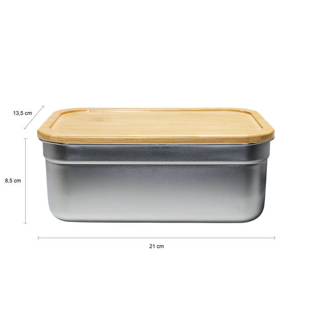 Krumble Lunchbox rvs met houten deksel en bruine elastiek