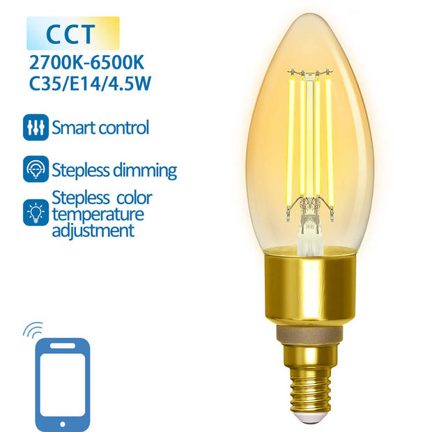 LED Lamp - Filament - Smart LED - Aigi Delano - Bulb C35 - 4.5W - E14 Fitting - Slimme LED - Wifi LED + Bluetooth -