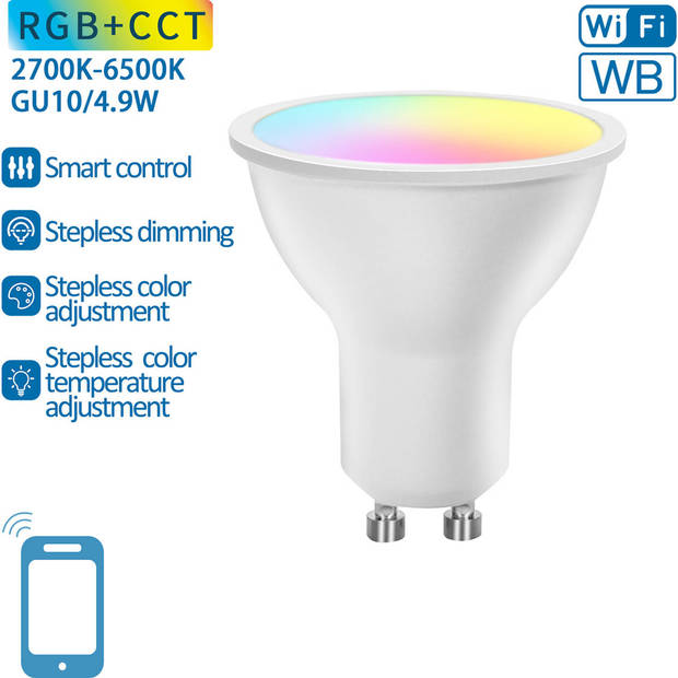 LED Spot - Smart LED - Aigi Lexus - 4.9W - GU10 Fitting - Slimme LED - Wifi LED + Bluetooth - RGB + Aanpasbare Kleur -