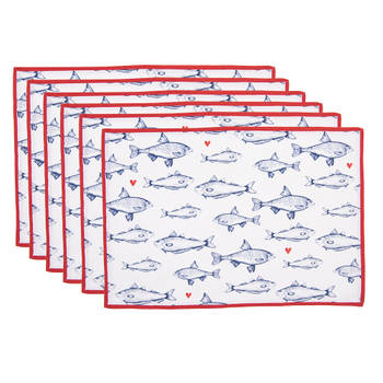Clayre & Eef Placemats Set van 6 48x33 cm Wit Blauw Katoen Rechthoek Vissen Tafelmat Wit Tafelmat