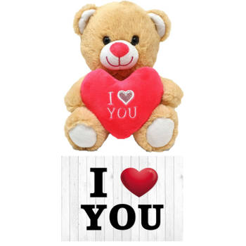 Licht bruine pluche knuffelbeer 20 cm incl. Valentijnskaart I Love You - Knuffelberen