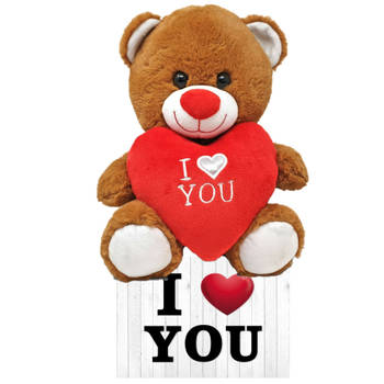Donker bruine pluche knuffelbeer 30 cm incl. Valentijnskaart I Love You - Knuffelberen