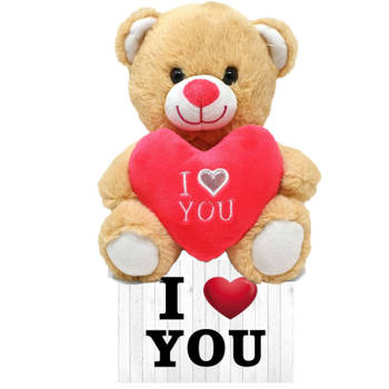 Licht bruine pluche knuffelbeer 30 cm incl. Valentijnskaart I Love You - Knuffelberen