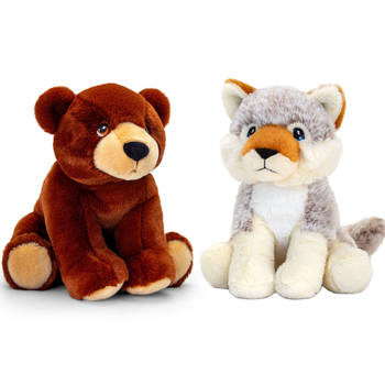 Pluche knuffels combi-set dieren wolf en bruine beer 25 cm - Knuffelberen