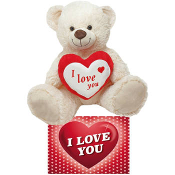 Witte pluche knuffelbeer/teddybeer 45 cm incl. Valentijnskaart I Love You - Knuffelberen