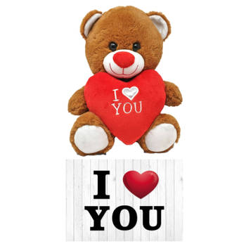 Donker bruine pluche knuffelbeer 20 cm incl. Valentijnskaart I Love You - Knuffelberen