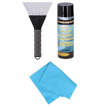 Autoramen IJskrabber soft grip 25 cm met ruitenontdooi spray en anti-condens doek - IJskrabbers