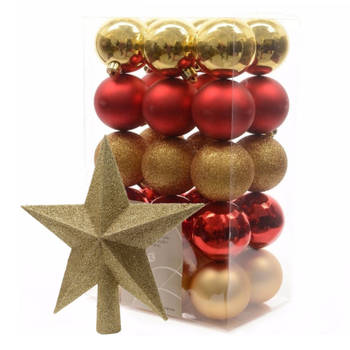 Kerstballen 30x stuks 6 cm rood-goud met ster piek goud kunststof - Kerstbal