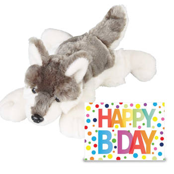 Verjaardag cadeau wolf 25 cm met XL Happy Birthday wenskaart - Knuffeldier