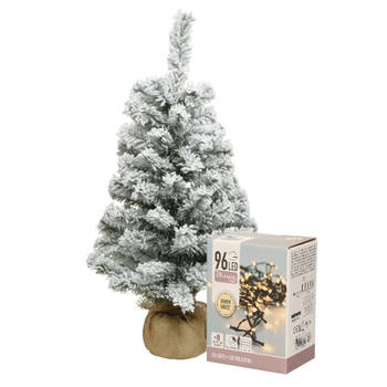 Mini kerstboom - 60 cm - met sneeuw en kerstverlichting warm wit - Kunstkerstboom