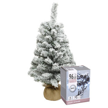 Mini kerstboom - 60 cm - met sneeuw en kerstverlichting helder wit - Kunstkerstboom