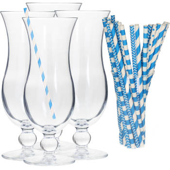 Cocktail set van 4x cocktail glazen en 100x rietjes - 440 ml - blauw - Drinkglazen