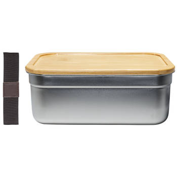 Krumble Lunchbox rvs met houten deksel en bruine elastiek