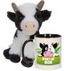 Cadeauset kind - Koeien knuffel 19 cm en Drinkbeker/mok Koe 300 ml - Knuffel boederijdieren