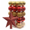 Kerstballen 30x stuks 6 cm rood-goud met ster piek rood kunststof - Kerstbal