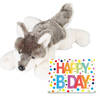 Verjaardag cadeau wolf 25 cm met XL Happy Birthday wenskaart - Knuffeldier