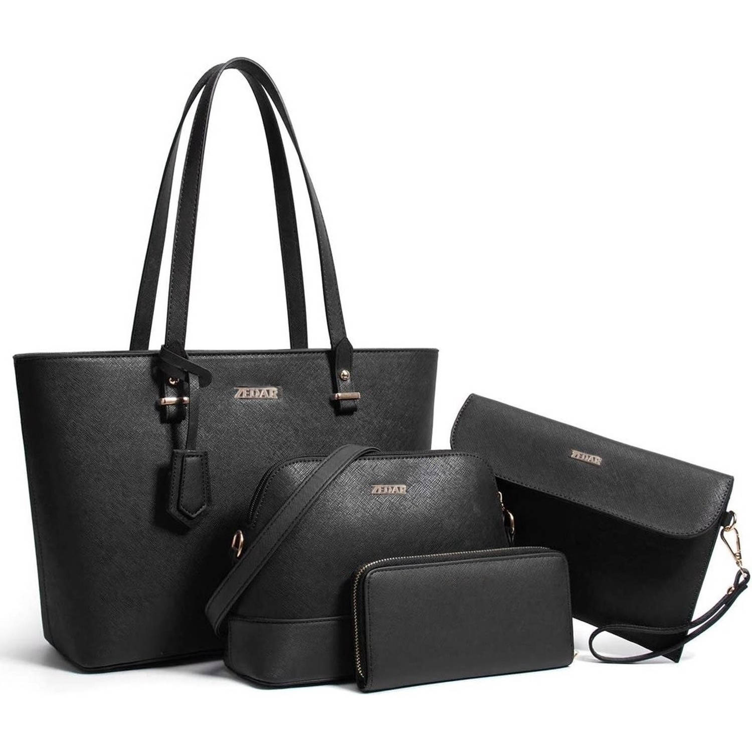 genoeg hier Behoort Dames Handtassen set 4 delig met schoudertas - Tote bag - Clutch en  Portemonnee voor vrouwen Zwart | Blokker