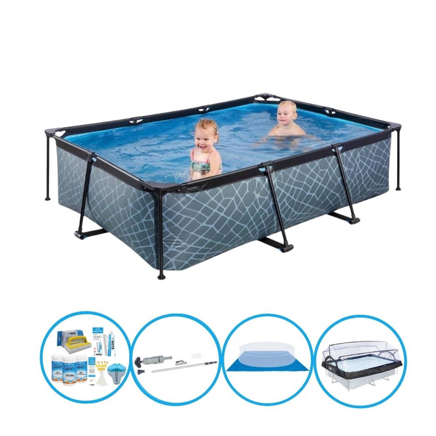 EXIT Zwembad Stone Grey - 220x150x60 cm - Frame Pool - Complete zwembadset