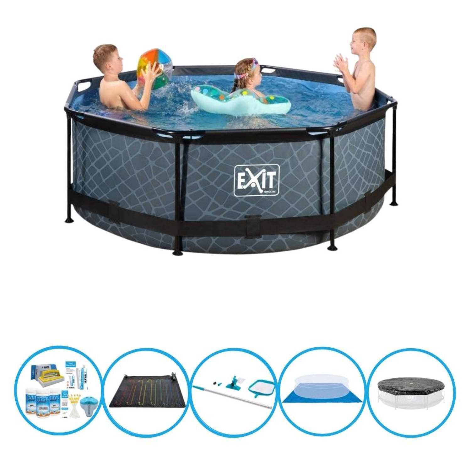 EXIT Zwembad Stone Grey - Frame Pool ø244x76cm - Inclusief accessoires