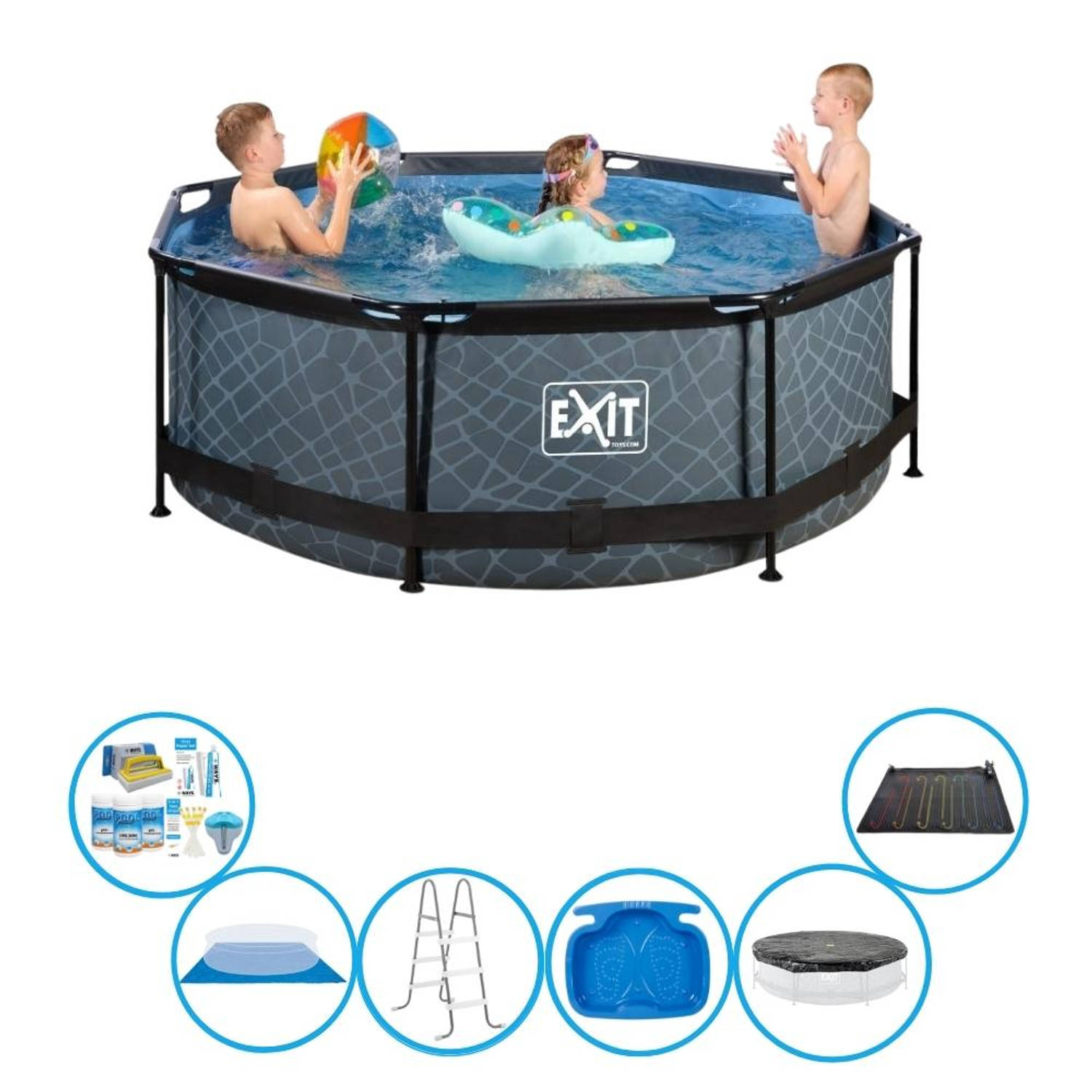 EXIT Zwembad Stone Grey - Frame Pool ø244x76cm - Inclusief toebehoren