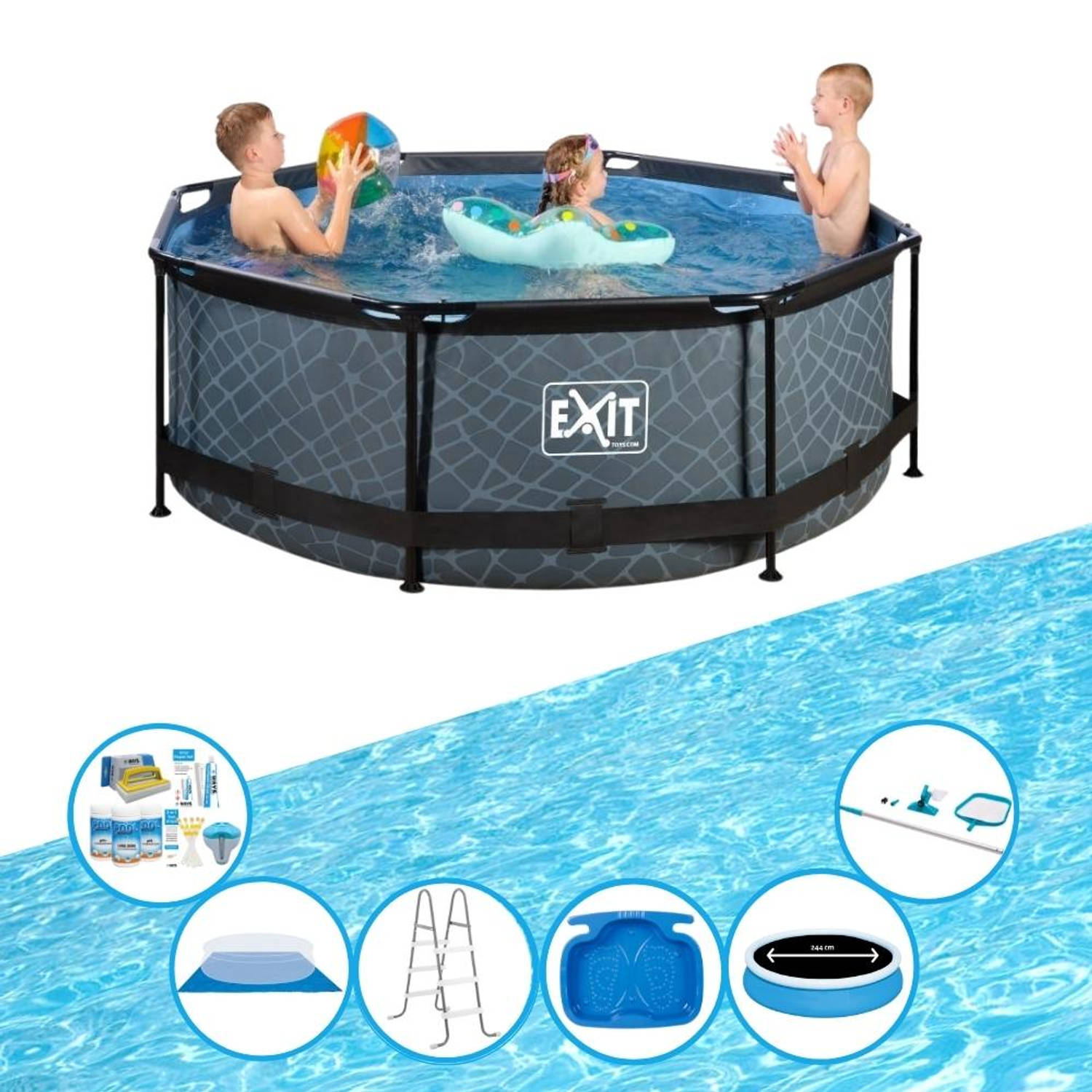 EXIT Zwembad Stone Grey - Frame Pool ø244x76cm - Super Set