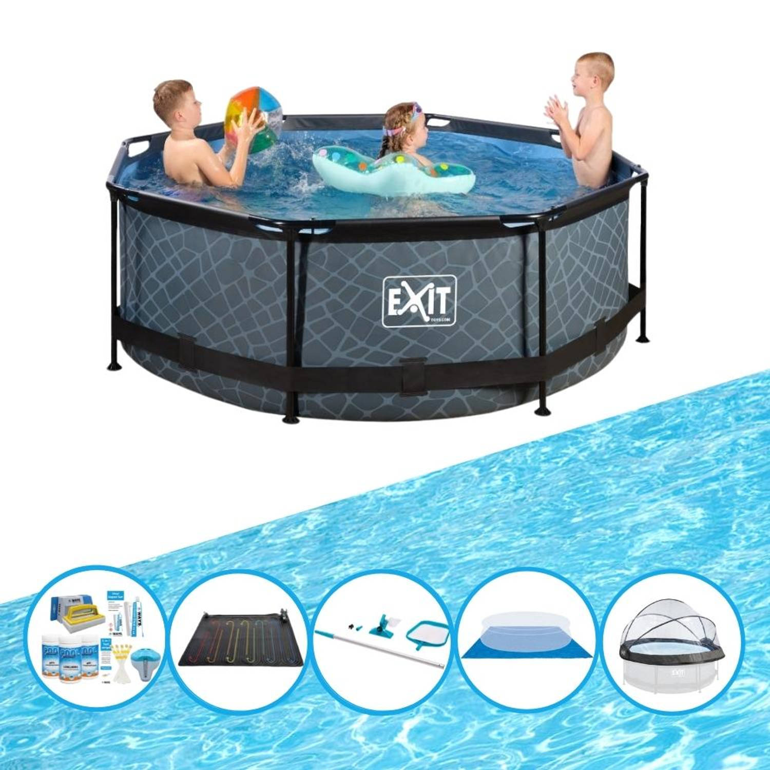 EXIT Zwembad Stone Grey - ø244x76 cm - Frame Pool - Inclusief accessoires