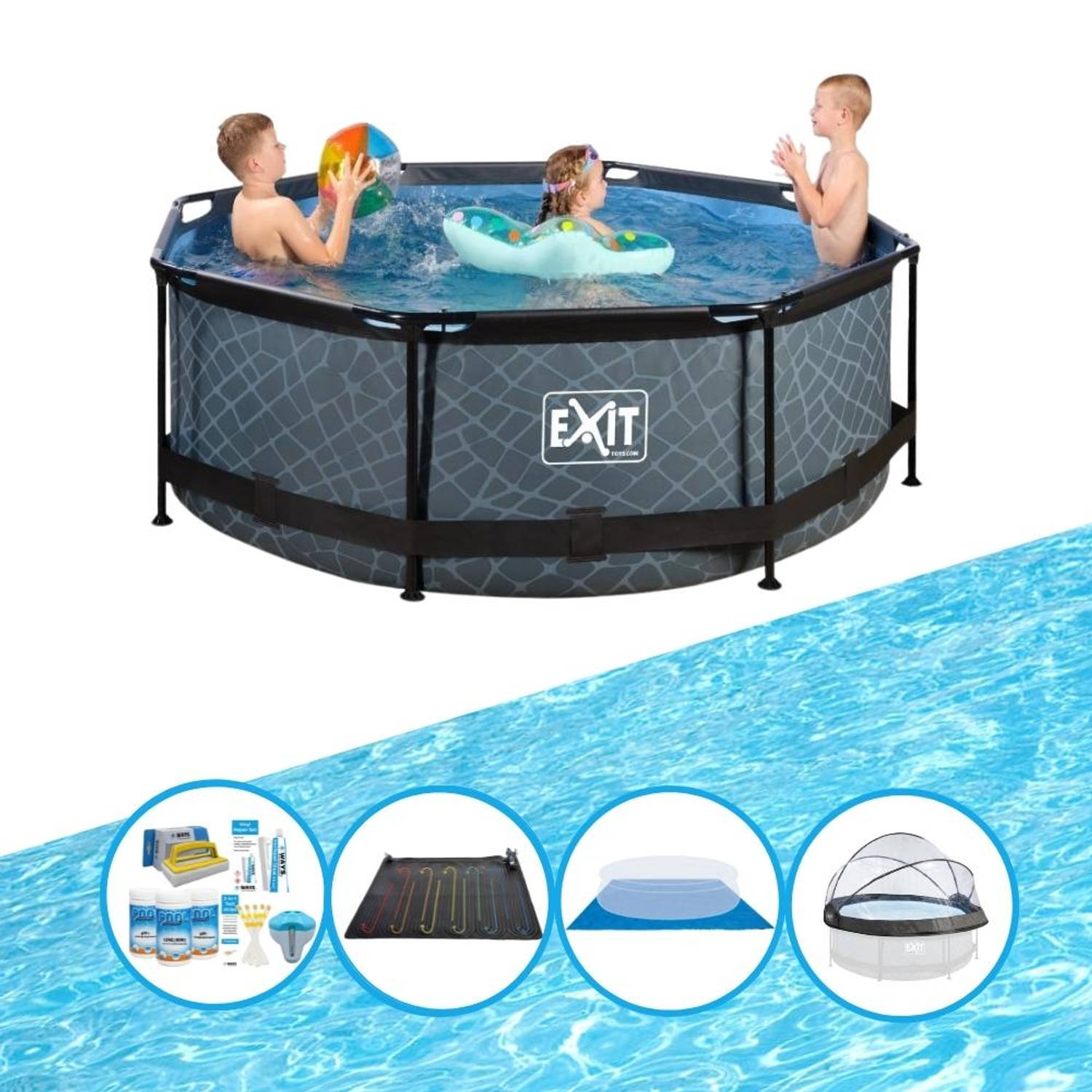 EXIT Zwembad Stone Grey - ø244x76 cm - Frame Pool - Met bijbehorende accessoires