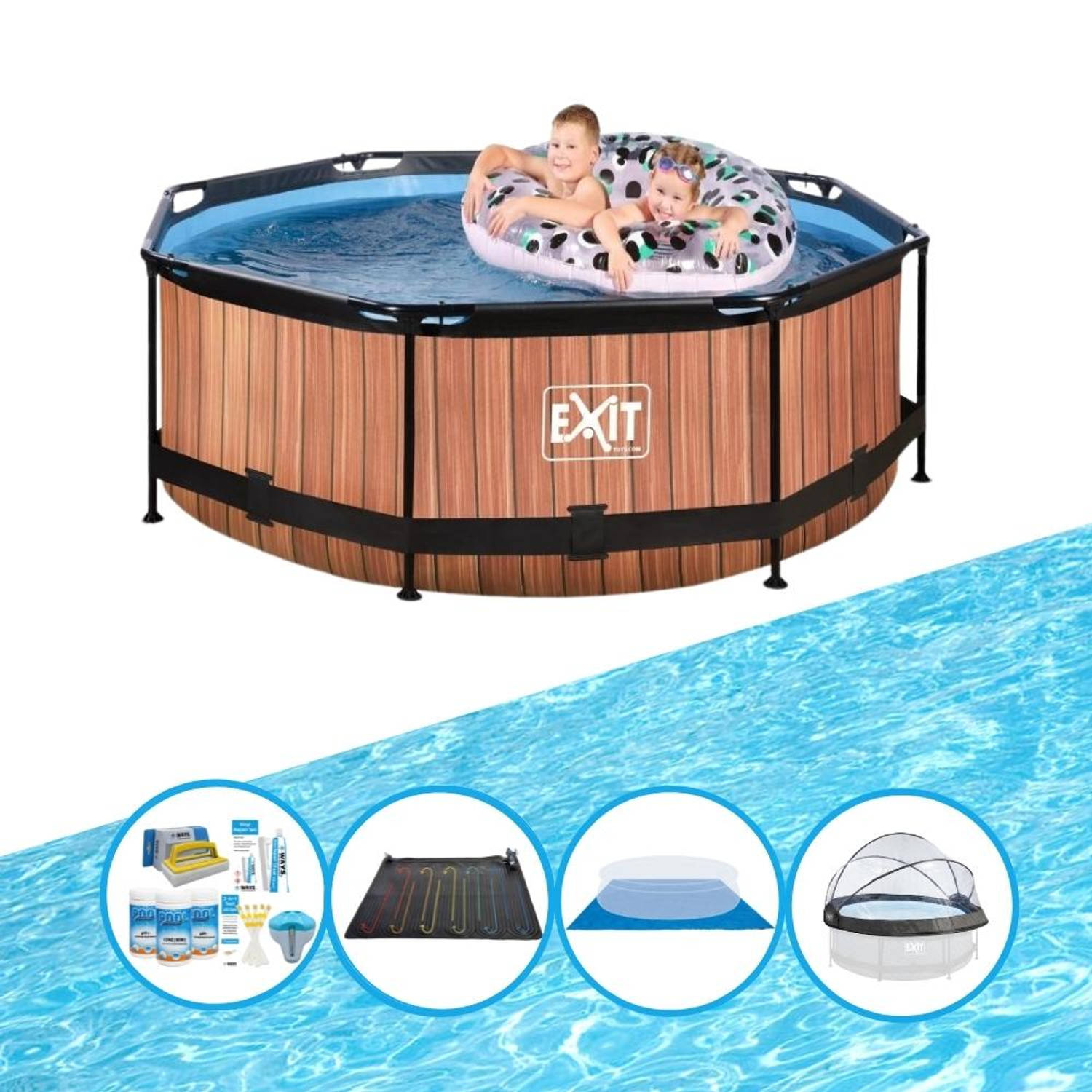 EXIT Zwembad Timber Style - ø244x76 cm - Frame Pool - Met bijbehorende accessoires