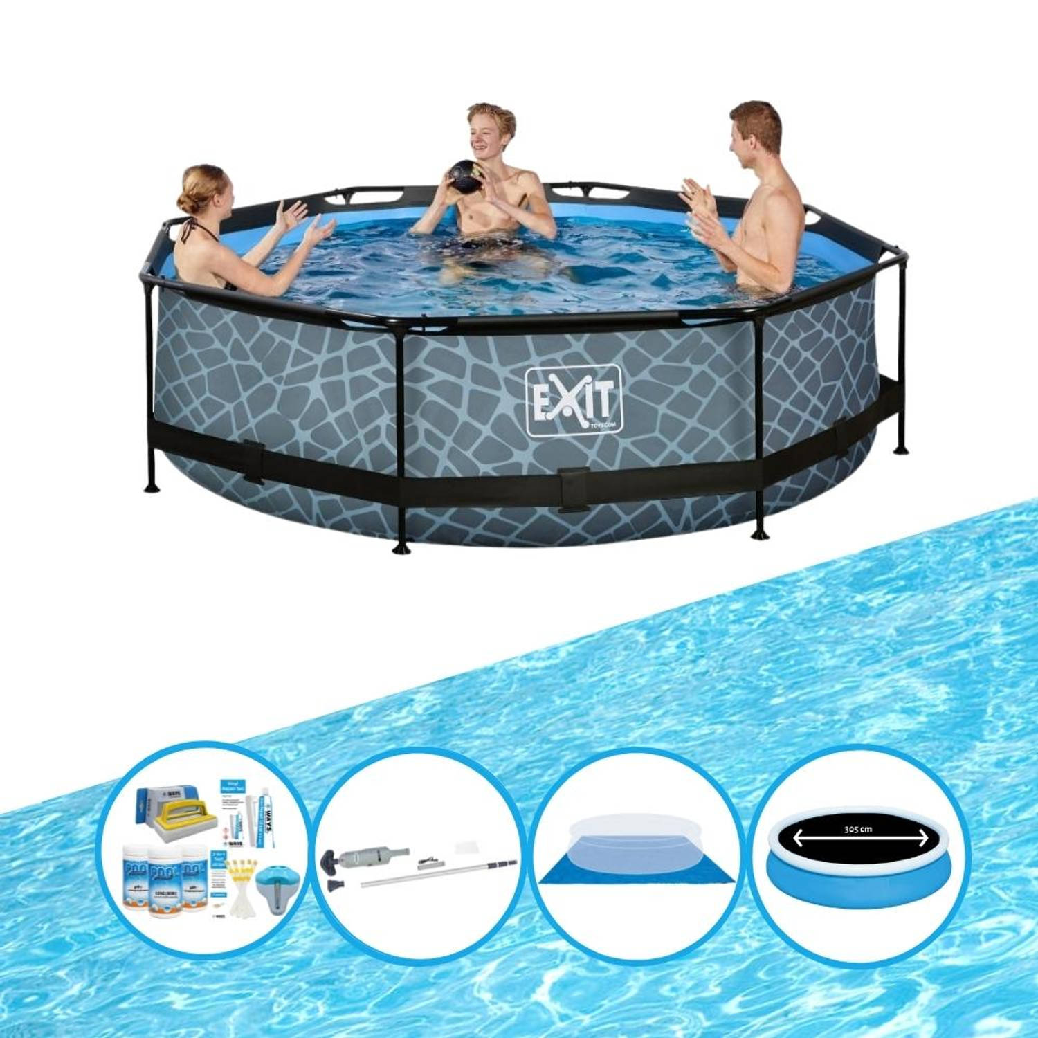 EXIT Zwembad Stone Grey - Frame Pool ø300x76cm - Plus bijbehorende accessoires