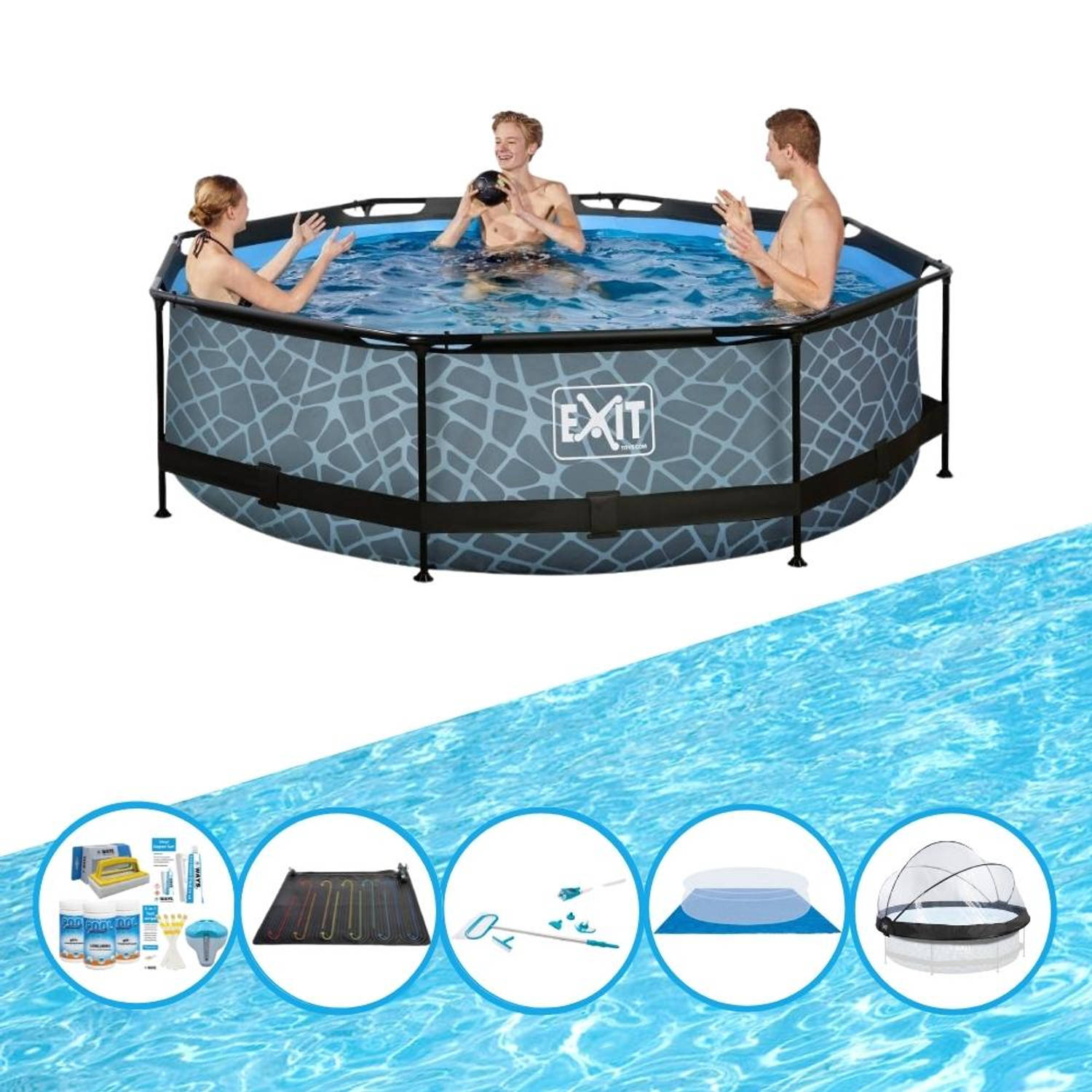 EXIT Zwembad Stone Grey - ø300x76 cm - Frame Pool - Inclusief bijbehorende accessoires