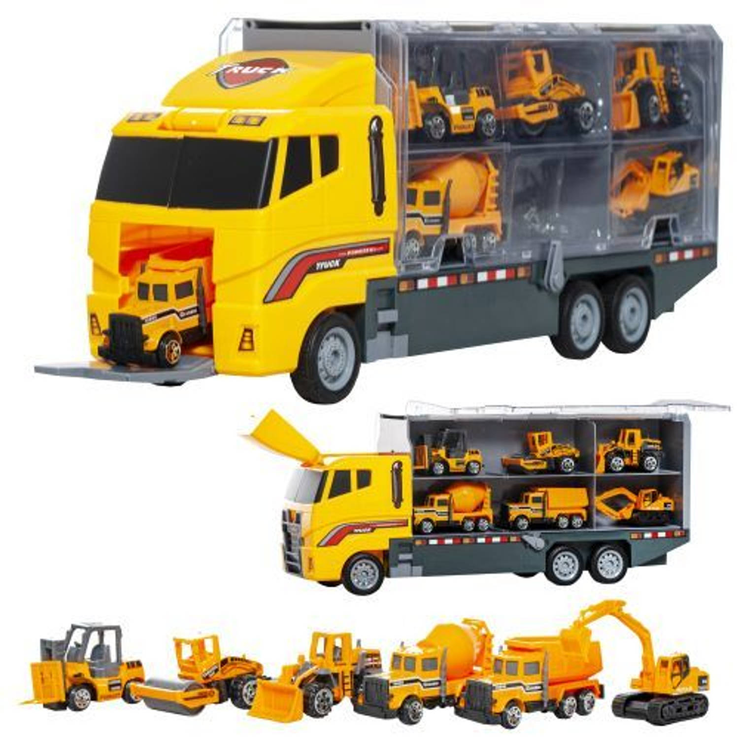 Speelgoed vrachtwagen met heftruck, wals, bulldozer, cement wagen 36 x 9.5 cm geel | Blokker