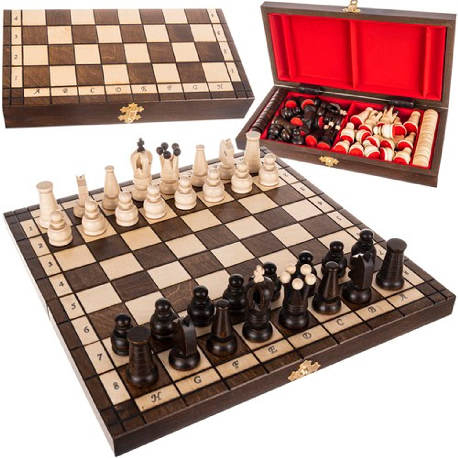 2 in 1 opvouwbaar houten schaakbord ook geschikt voor dammen inclusief schaakstukken en dam schijven