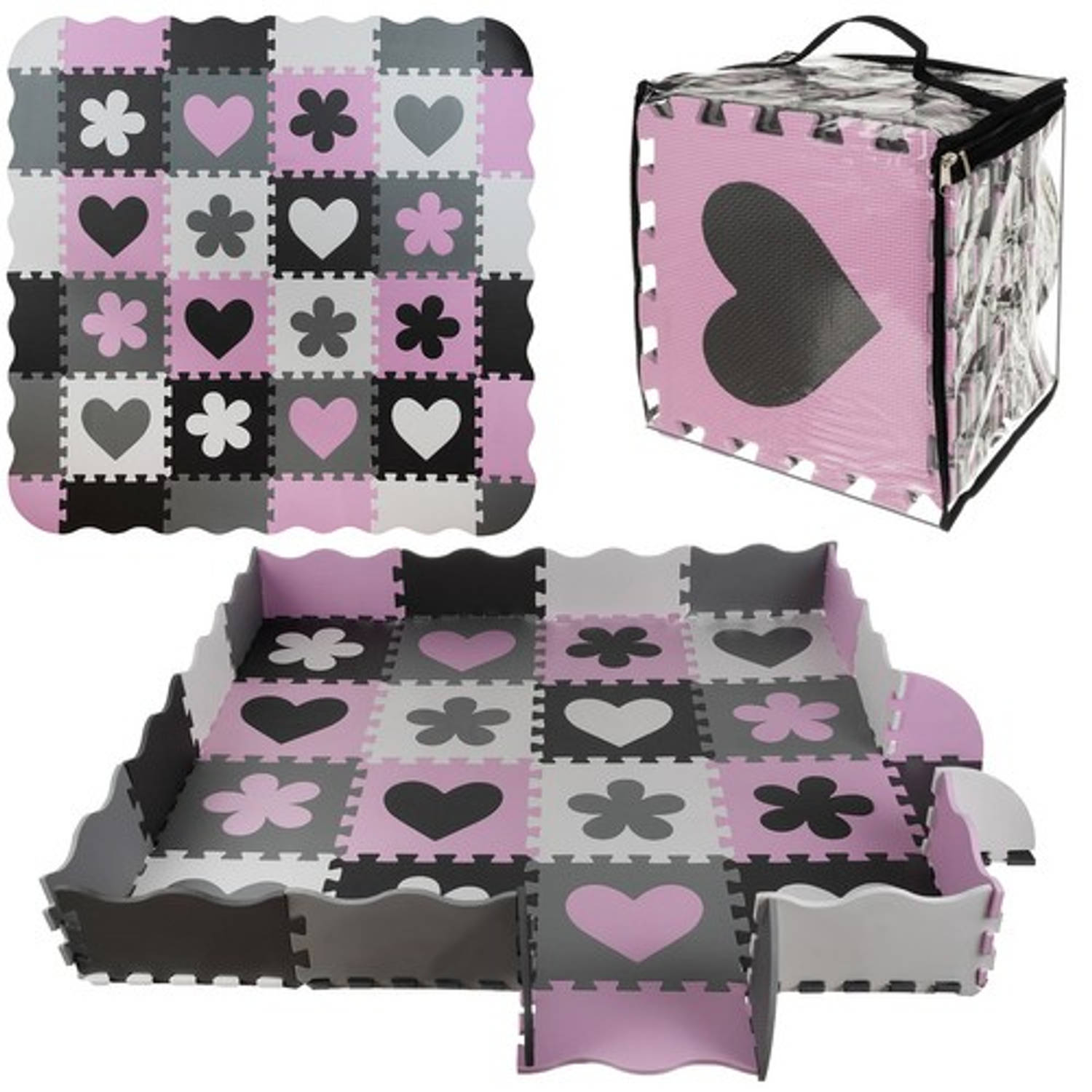 36-delige Foam Puzzelmat Voor Baby's En Kinderen Speelkleed Speeltegels Met Rand Zwart-roze