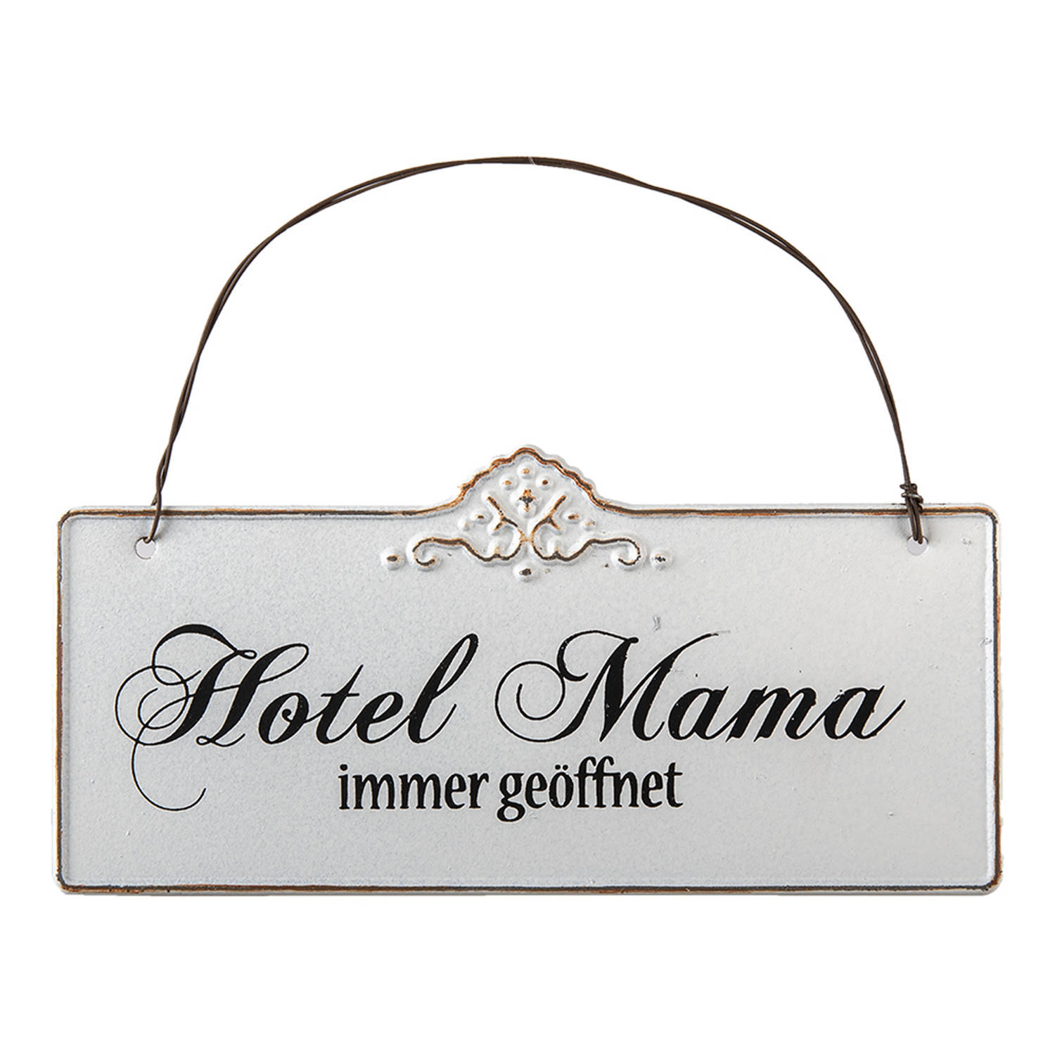 Clayre & Eef Tekstbord 21x15 Cm Wit Ijzer Rechthoek Hotel Mama Wandbord Spreuk Wandplaat Wit Wandbor