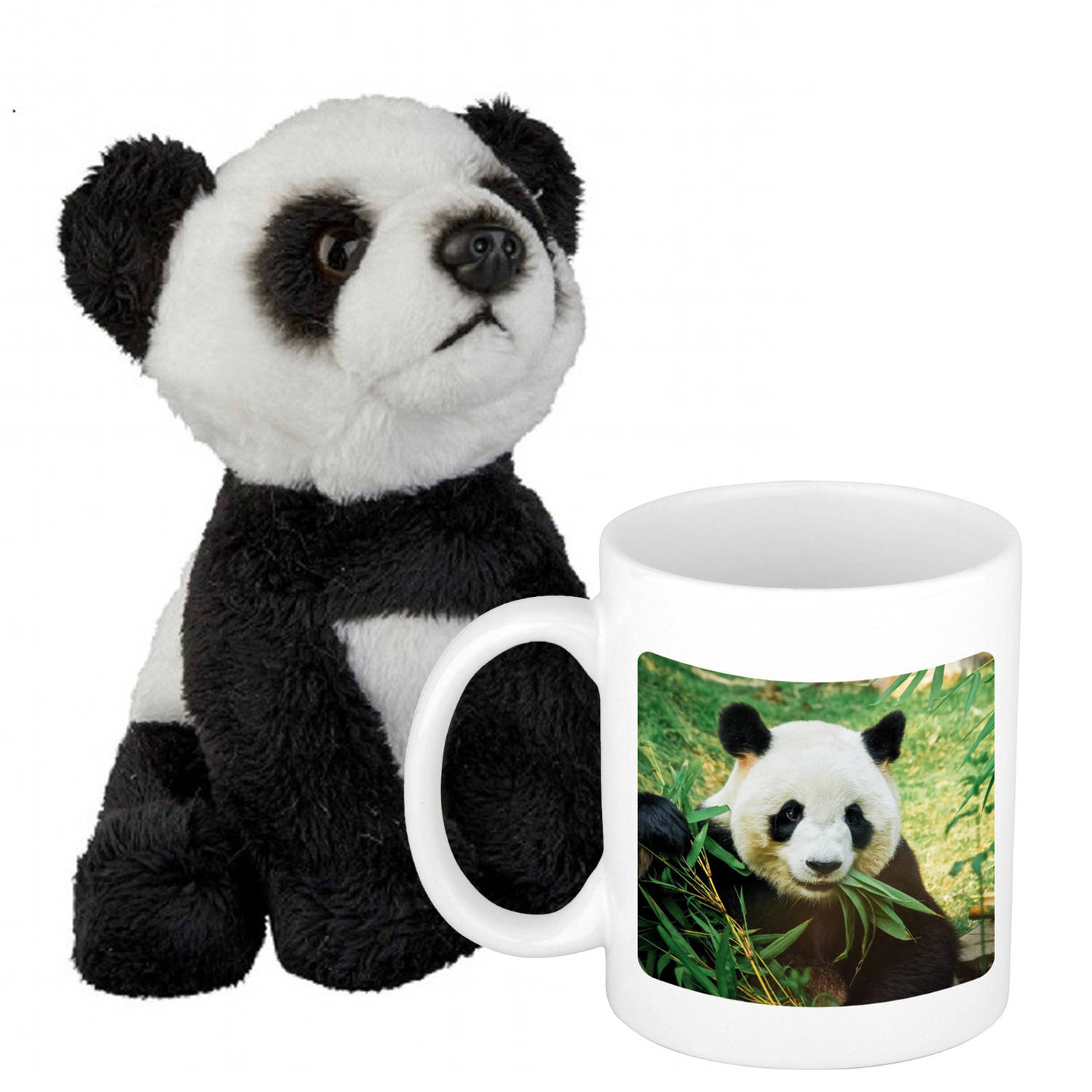 Cadeauset kind Panda knuffel 15 cm en Drinkbeker-mol Panda 300 ml Knuffeldier