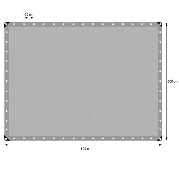 dekzeil met ogen, 6x8 m 260g/m², grijs, gemaakt van polyethyleenweefsel met polyethyleen coating aan beide zijden