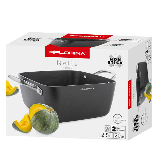 Florina Nelio vierkante kookpan braadpan 20 x 20 cm aluminium 2.5 Liter mat zwart