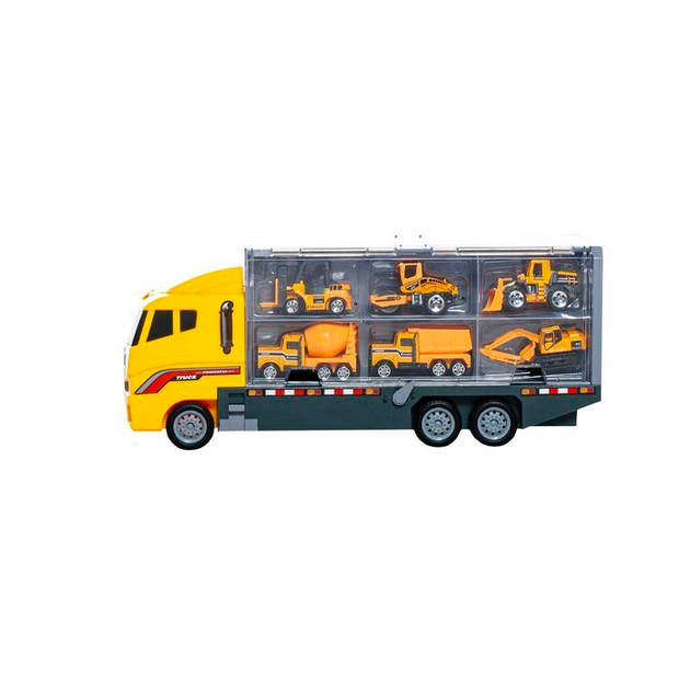 Speelgoed vrachtwagen met heftruck, wals, bulldozer, cement wagen 36 x 15 x 9.5 cm geel