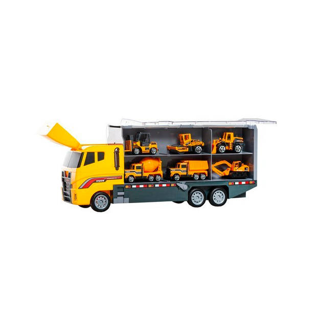 Speelgoed vrachtwagen met heftruck, wals, bulldozer, cement wagen 36 x 15 x 9.5 cm geel
