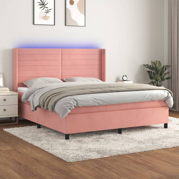 vidaXL Boxspring met matras en LED fluweel roze 180x200 cm